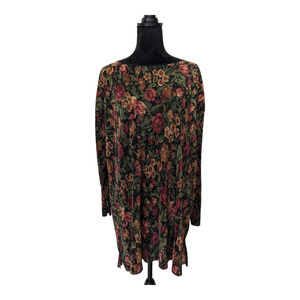 Vintage Express Tricot Large Floral Mini Shift Dress Green Red Pleated Accordion